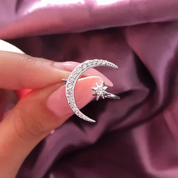 модерен сребрист цвят хубаво пръстен на безименния пръст с луна и звезда за жени, Бижута Сватба, Годеж отделен Коледен подарък R4596