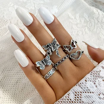 Ретро комплект пръстени с персиковым сърце-пеперуда - 6 бр. пръстен в ретро стил за жени на Едро