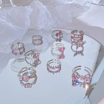 17KM Y2k Пръстен с розов кристал, за жени, момичета, Романтичен пръстен с лък във формата на сърце, Женска пръстен с пеперуда, Нови Модни бижута, Подаръци