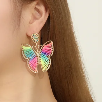 Сладък модни обеци ръчно изработени от многоцветни пеперуди от лико, аксесоари в бохемски стил, дамски обеци