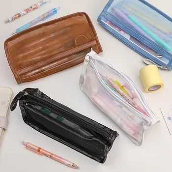 Двуслойни прозрачен молив случай, маса и чанта за съхранение с голям капацитет, преносима чанта за съхранение на ярки цветове, канцеларски материали, ученически пособия