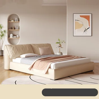 Легло с тапицерия от естествена кожа, Италианска минималистичная сватбена легло в кремовом стил за главната спалня, Двойно кожено легло