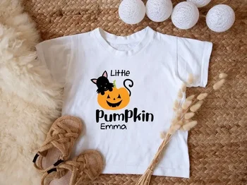 Персонализирани тениски на Хелоуин, сладката тениска за момиче-тиква с име, Персонални котка на рожден ден на тиква, 100% памук y2k